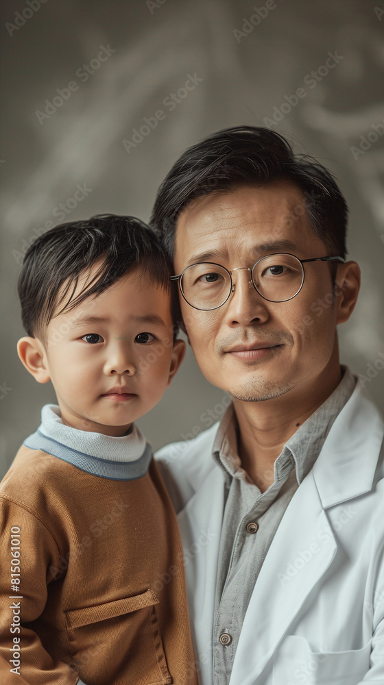 Asian Father and Son Portrait with Glasses Gray Background Gentle Family Bond White Shirt Brown Sweater Asian Father and Son Portrait with Glasses Gray Background Gentle Family Bond White Shirt Brown Sweater