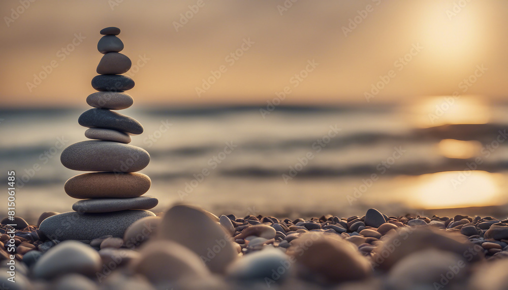 Obraz premium Perfect balance of stack of pebbles at seaside towards sunset 