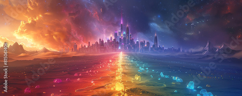 Ritzy LGBTQ PRIDE banner with a rainbow gemstone path leading to a city of gold