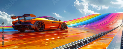 Snazzy LGBTQ PRIDE banner with a sleek rainbow roadster on a silver track photo