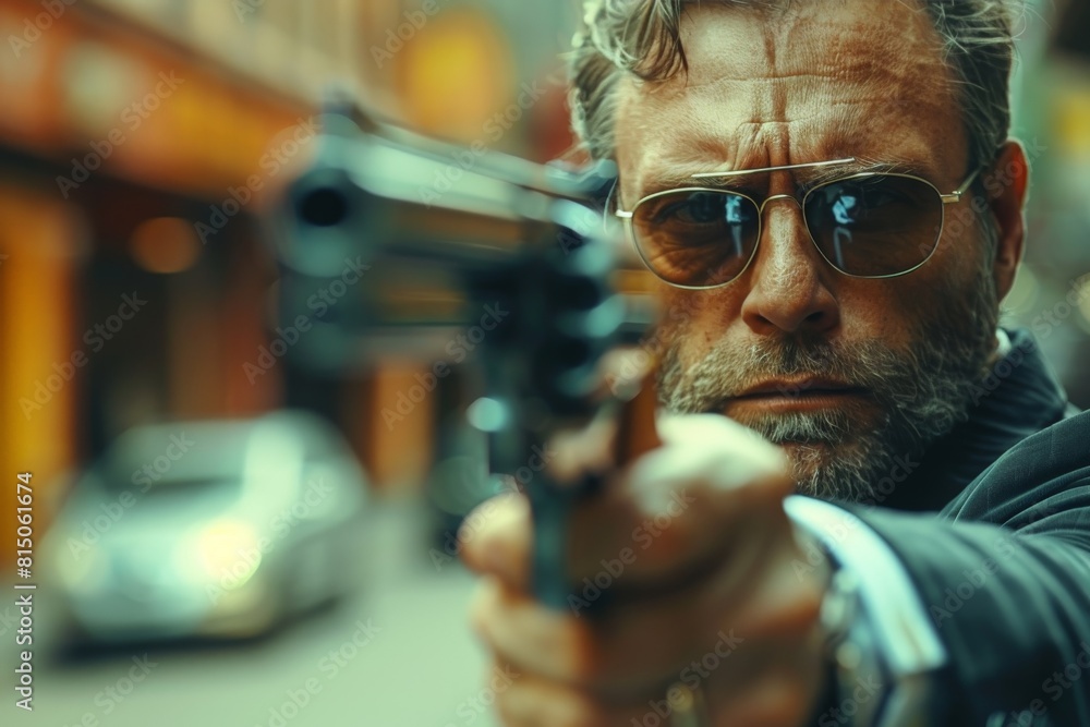 Man with sunglasses and beard in action, aiming a handgun directly at the camera Man with sunglasses and beard in action, aiming a handgun directly at the camera
