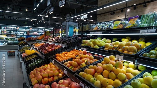 There are various fruits and vegetables on shelves in a grocery store © Awais