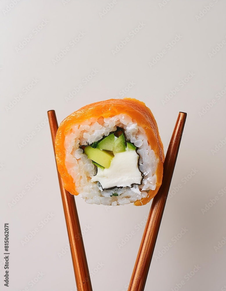 sushi roll held by chopsticks sushi roll held by chopsticks