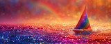 Dashing LGBTQ PRIDE banner with a rainbow sailboat on a sea of sparkling sapphires