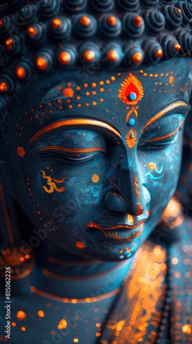 Buddha head close up on a dark background.