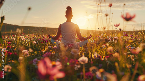 Fototapeta Naklejka Na Ścianę i Meble -  Woman Meditating Serenely in Lush Meadow at Sunset Yoga Peace Tranquility