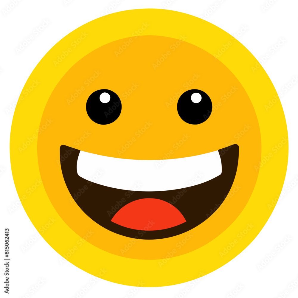 Joyful yellow emoji, round, two black dot eyes, big smile showing red tongue Joyful yellow emoji, round, two black dot eyes, big smile showing red tongue