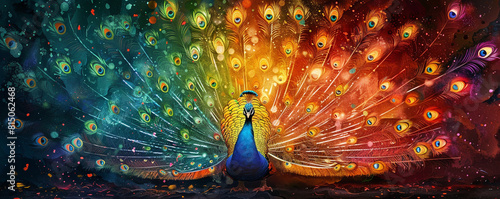Flamboyant LGBTQ PRIDE banner with a peacock displaying a fan of rainbow feathers photo