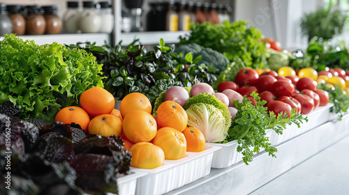 Fresh Organic Vegetables and Fruits on Display at Modern Kitchen Counter