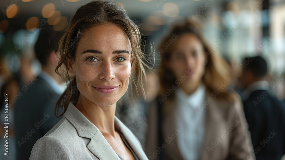 Professional Woman Smiling at Business Networking Event Blurred Background Professional Woman Smiling at Business Networking Event Blurred Background