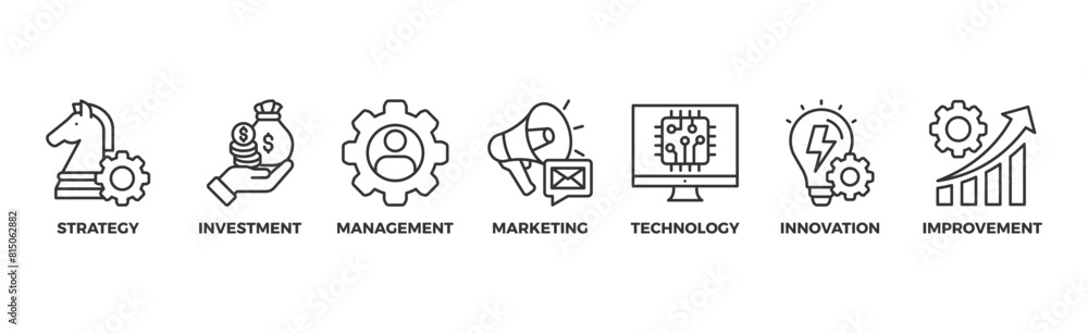 Business development banner web icon illustration concept with icon of strategy investment management marketing technology innovation improvement Business development banner web icon illustration concept with icon of strategy investment management marketing technology innovation improvement