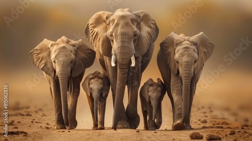 A family of elephants, including a baby elephant, walking together on a dusty plain. photo