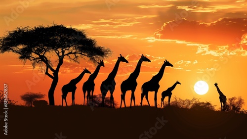  Group of giraffes silhouetted against an orange sunset  with an acacia tree and a scenic African landscape.