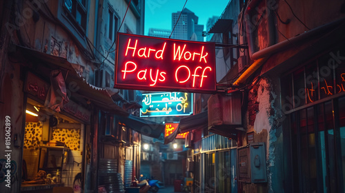 Neon Sign Hard Work Pays Off in Twilight Alley with Urban Details photo