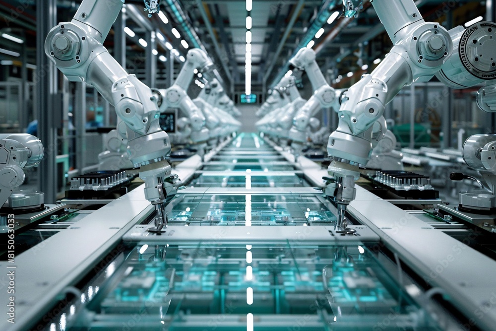 A row of automated robots working on assembly lines in a manufacturing factory A row of automated robots working on assembly lines in a manufacturing factory