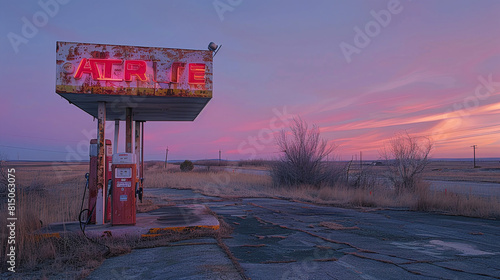 Abandoned Gas Station at Sunset with Pink Sky and Cracked Pavement in Remote Landscape
