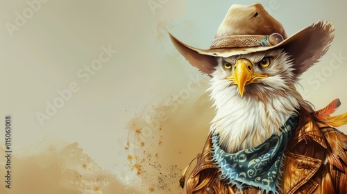 Eagle outfitted in cowboy gear, sporting a hat and neckerchief, portrait with a playful Western vibe