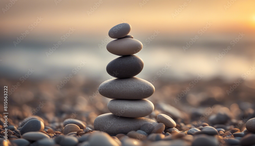 Perfect balance of stack of pebbles at seaside towards sunset
