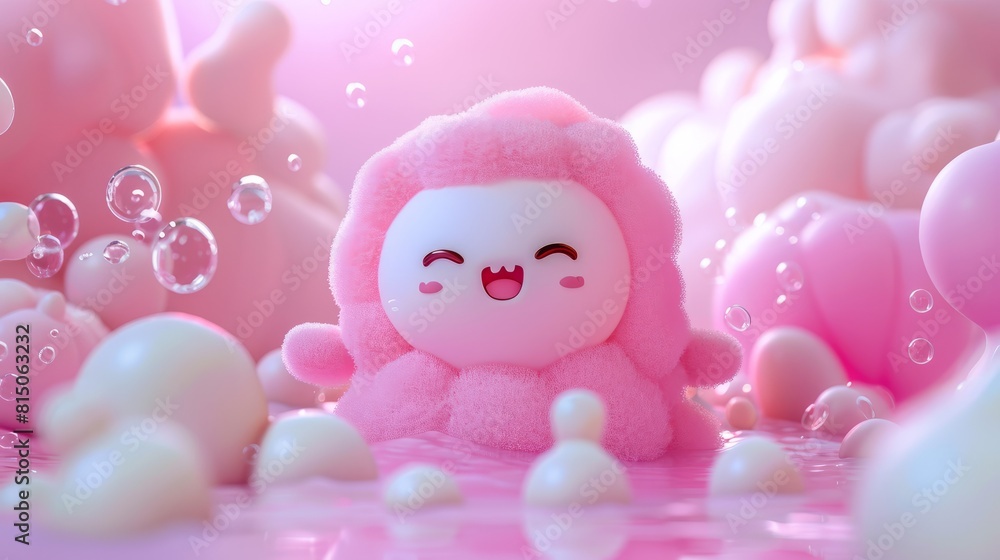 cute pink cartoon in dreamland, 3d rendering, hyper realistic cute pink cartoon in dreamland, 3d rendering, hyper realistic