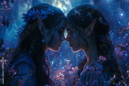 A fantasy scene: two elven lesbians with flowing hair and pointed ears, celebrating Pride in a moonlit forest with glowing flowers and mystical creatures.