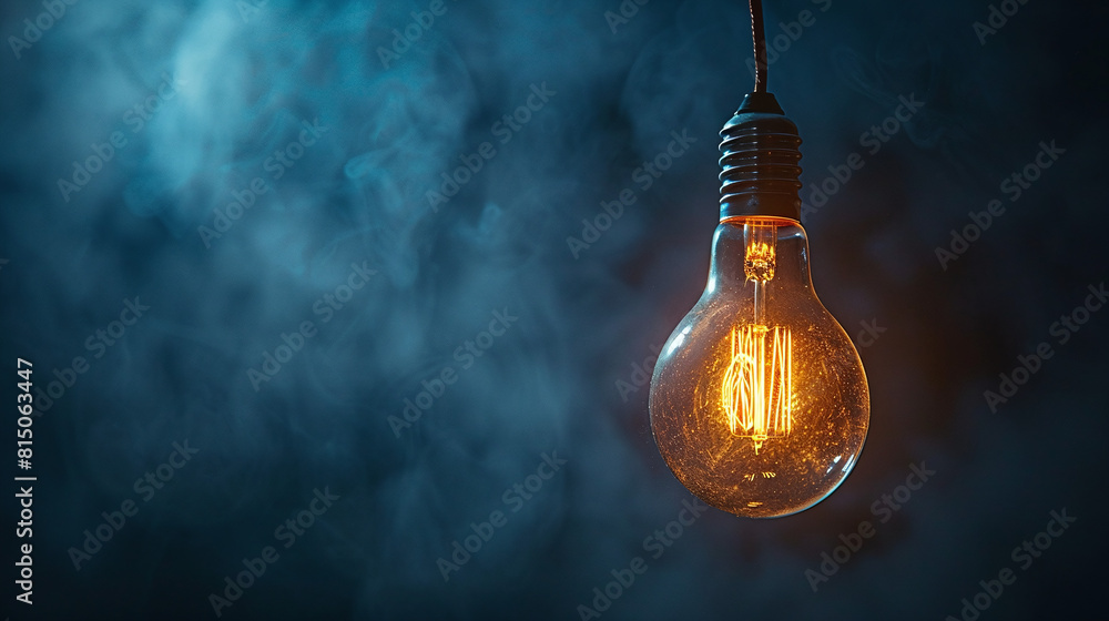 Glowing Filament Light Bulb Illuminates Amidst Blue Smoke on Dark Background Glowing Filament Light Bulb Illuminates Amidst Blue Smoke on Dark Background
