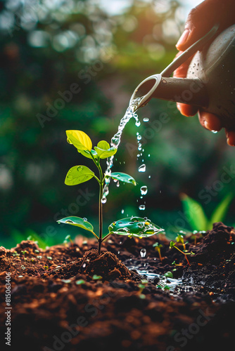 Young green leafed plant being watered with a stream of water droplets falling from a watering can against dark soil.