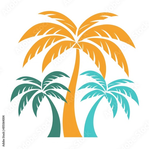 simple illustration of a group of tropical palm trees - orange  green  turquoise on a white background. Tourist design icon  coconut tree silhouette art element