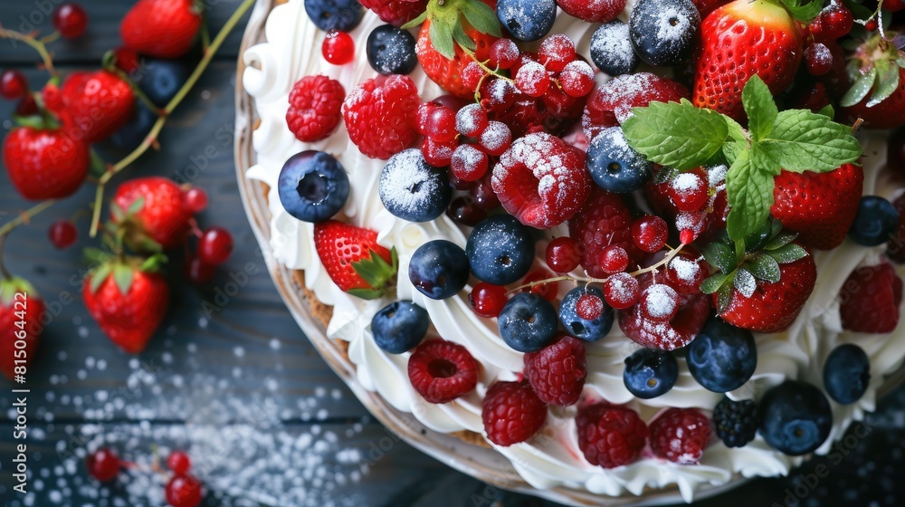Pavlova Dessert topped with Mixed Berries Pavlova Dessert topped with Mixed Berries