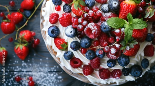 Pavlova Dessert topped with Mixed Berries