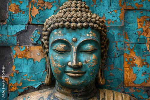 Buddha head made of concrete close up on a dark background.