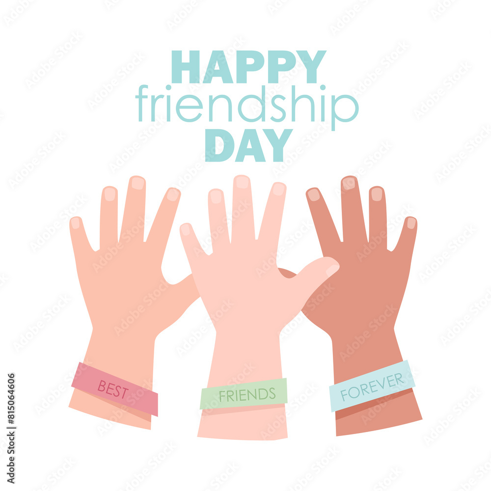 Obraz premium Three hands with different skin color with friendship bracelets on Friendship Day