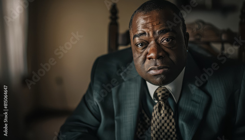 A man in a suit and tie is sitting in a chair with a sad expression on his face
