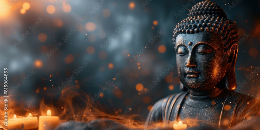 Sitting Buddha with golden shining lights and smoke around