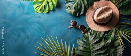 Hat, Sunglasses, and Palm Leaves on Blue Background