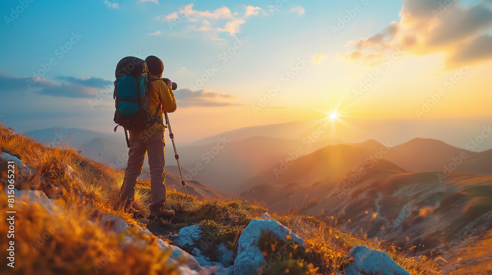 The hiker is standing on the top of the mountain and enjoying the sunset. The view is amazing.