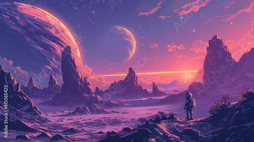 The image is showing a beautiful landscape of another planet with a purple sky and a pink moon.