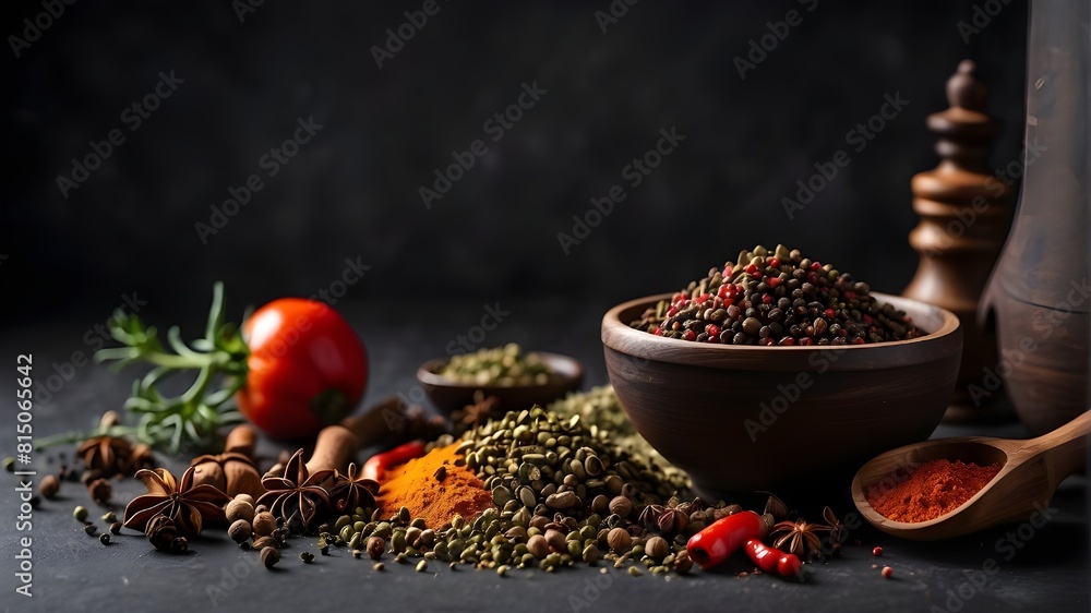 Knife with spices on dark background Knife with spices on dark background