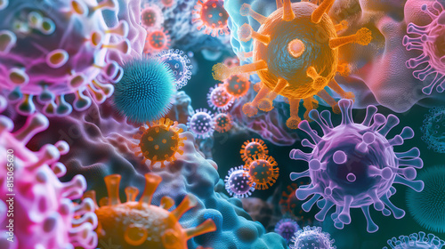 This is an image of a virus. The virus is round and has a spiky outer coat. The virus is shown in great detail, and the colors are very vibrant. © VRAYVENUS