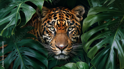 Jaguar peeks out from behind large monstera leaves in a jungle background banner.