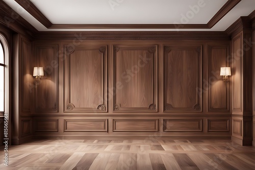  Premium style  an empty room with wooden boiserie on the wall featuring walnut wood panels. Wooden wall of an old-styled room design. 