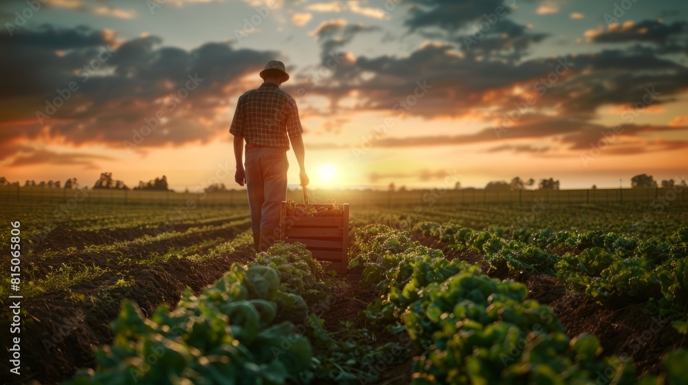 Man in a rural field with a vegetable box at sunset represents country life food production hyper realistic Man in a rural field with a vegetable box at sunset represents country life food production hyper realistic