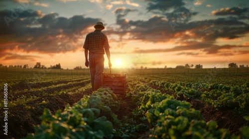 Man in a rural field with a vegetable box at sunset represents country life food production hyper realistic 