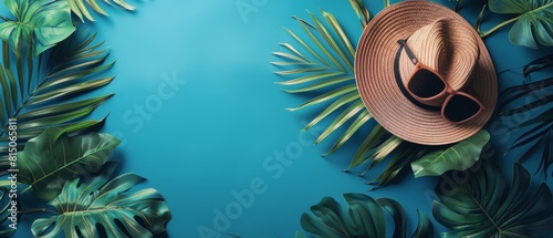 Hat, Sunglasses, and Palm Leaves on Blue Background