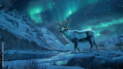 Reindeer stands on the snowcovered ground, surrounded by mountains and a starry sky with aurora borealis. Arctic environment, with a river flowing through it. Digital art banner with copy space.