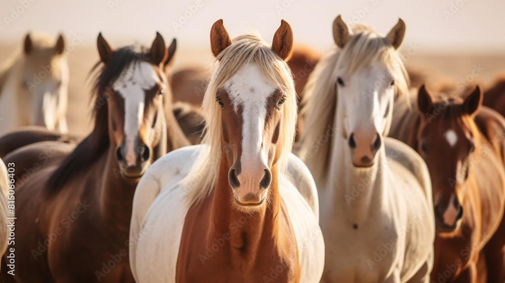 Obraz premium Horse herd run in sunlightwith dust at summer pasture