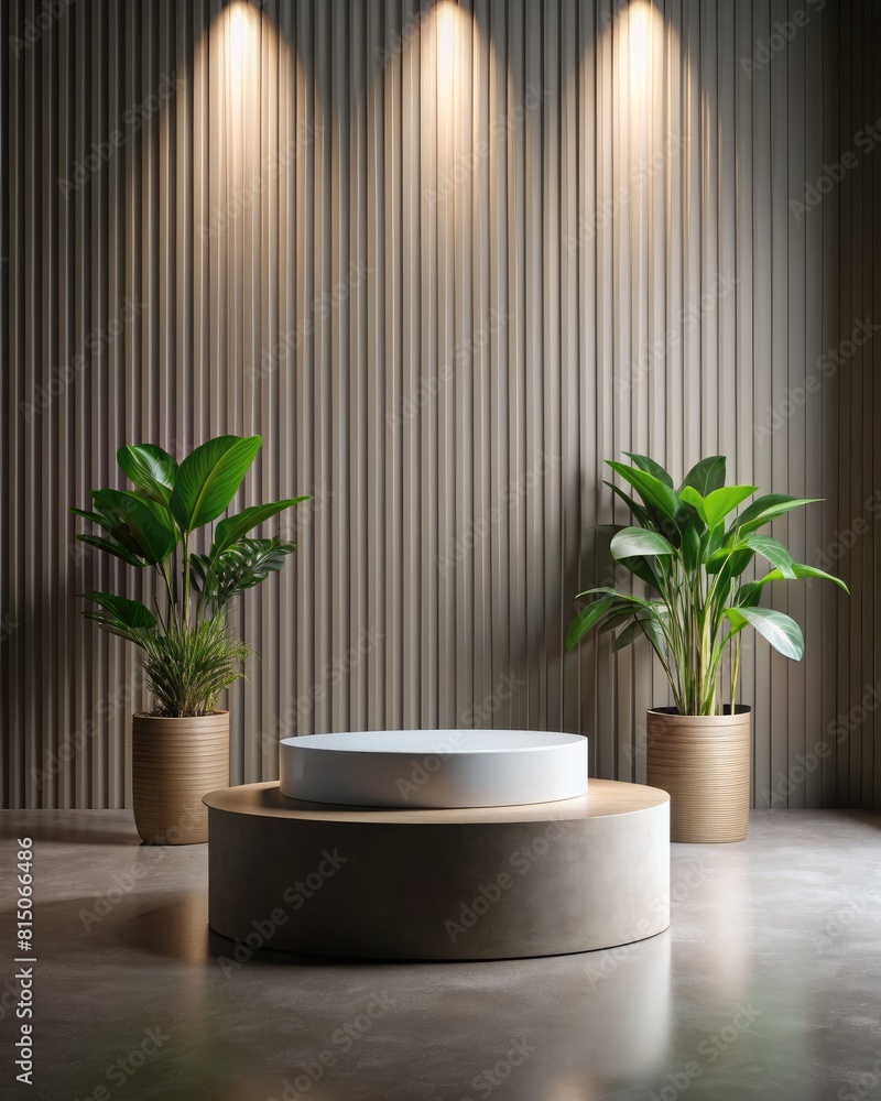 A white podium in a modern room with green plants A white podium in a modern room with green plants