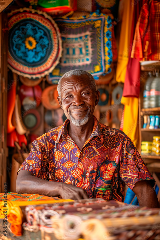 Old African man selling fabrics in his small makgazin stands against the backdrop of his colorful wares.