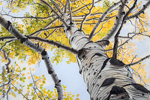 Quaking aspen (Populus tremuloides) (Colored Pencil) - North America - Distinctive white bark and leaves that tremble or 