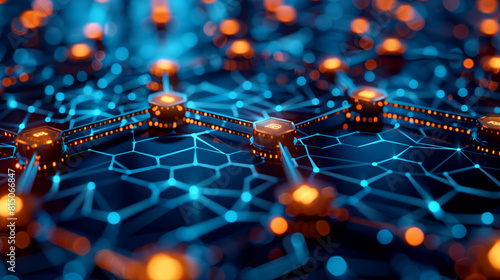 A modern illustration of blockchain technology featuring interconnected lines and nodes, representing data security and technological advancement photo