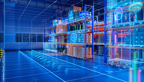 Innovation warehouse. Futuristic distribution center. Warehouse with fullness numbers in front of racks. Shelves with boxes and barrels inside hangar. High-tech logistics warehouse. 3d image photo